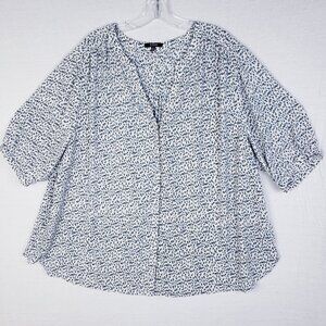 NYDJ Pintuck Blouse Top Plus Size 2X Leopard Print Flowy Blue White